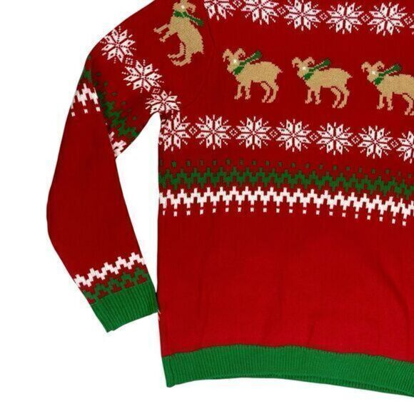 JOLLY SWEATERS Goat drinking Beer Ugly Christmas Sweater Holiday Unisex L Red - Picture 9 of 15